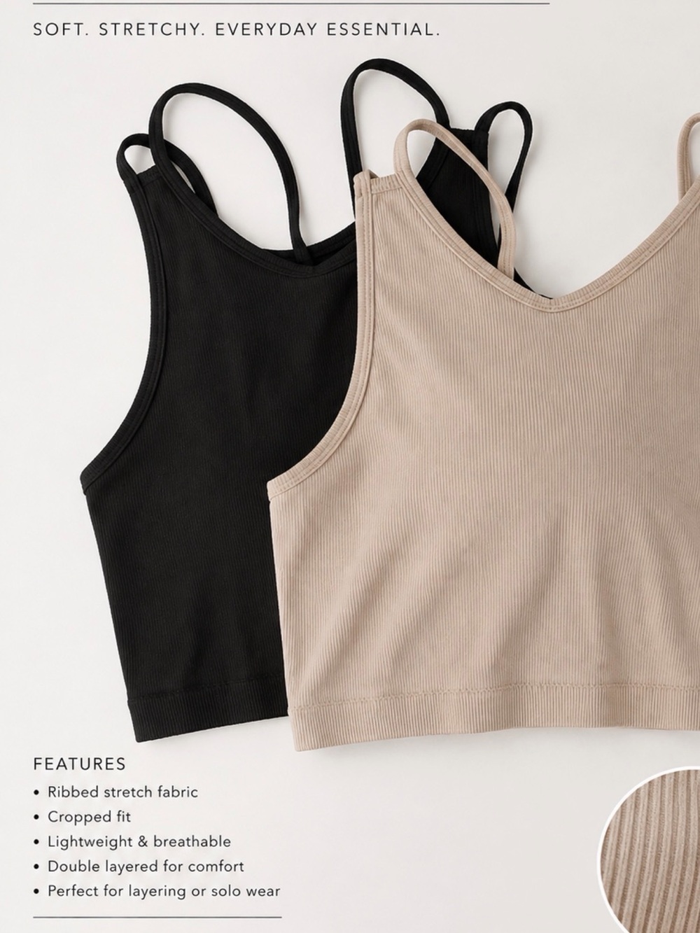 Ribbed Cropped Tank Sports Bra - Black & Taupe